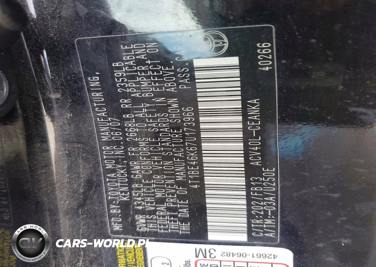 2007 Toyota Camry Le VIN:4T1BE46K67U173966 - 12
