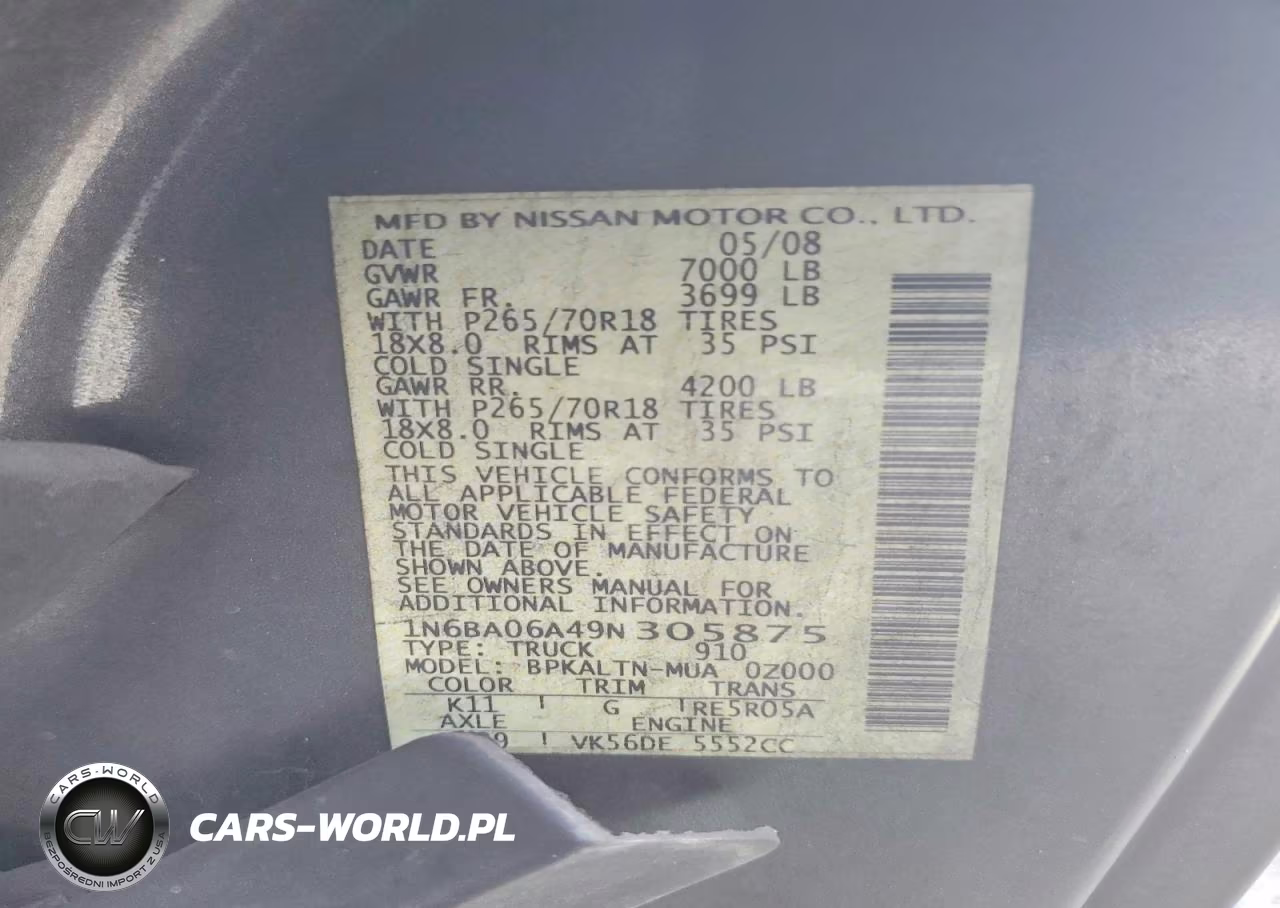 2009 Nissan Titan Xe Ffv VIN:1N6BA06A49N305875 - 12