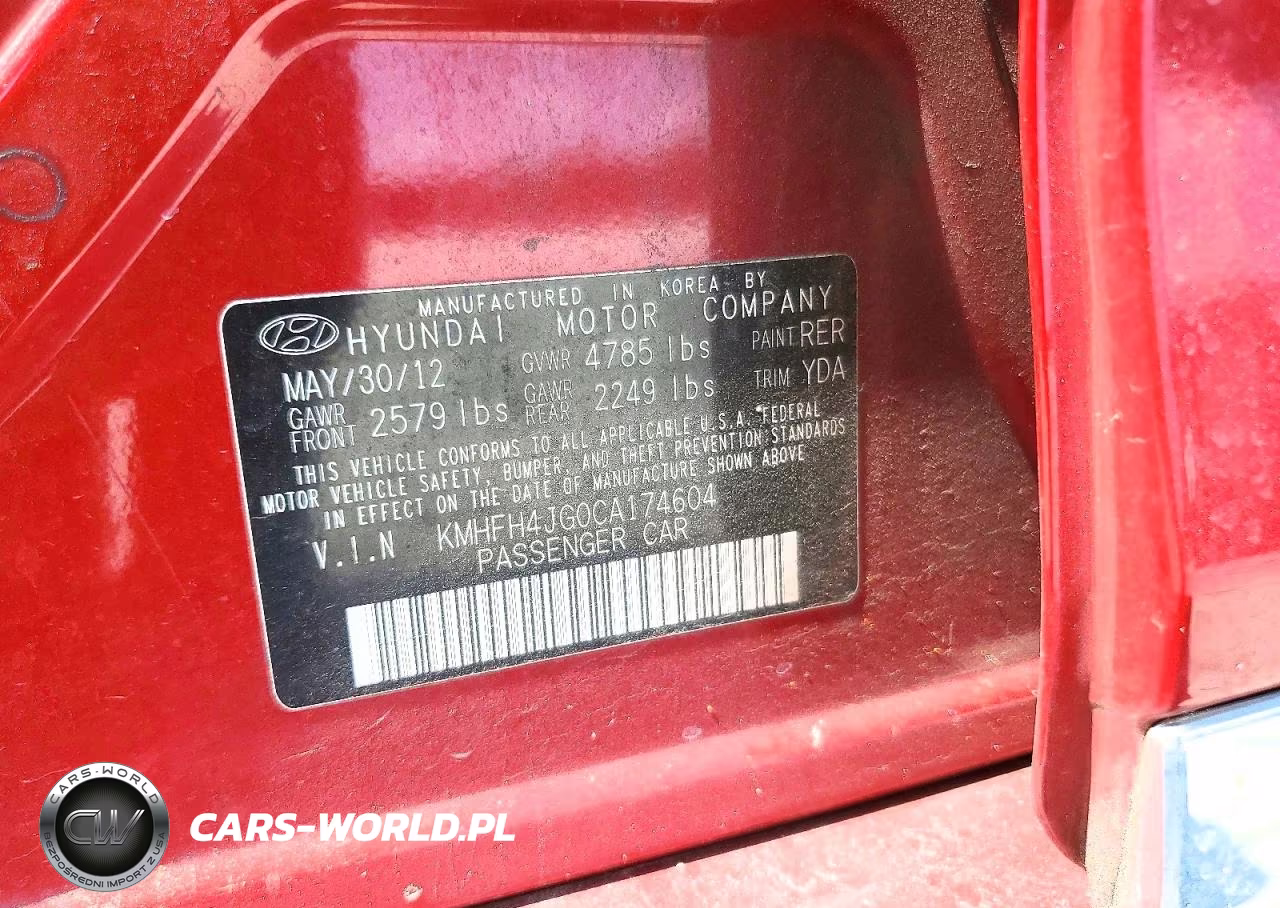 2012 Hyundai Azera Base VIN:KMHFH4JG0CA174604 - 12