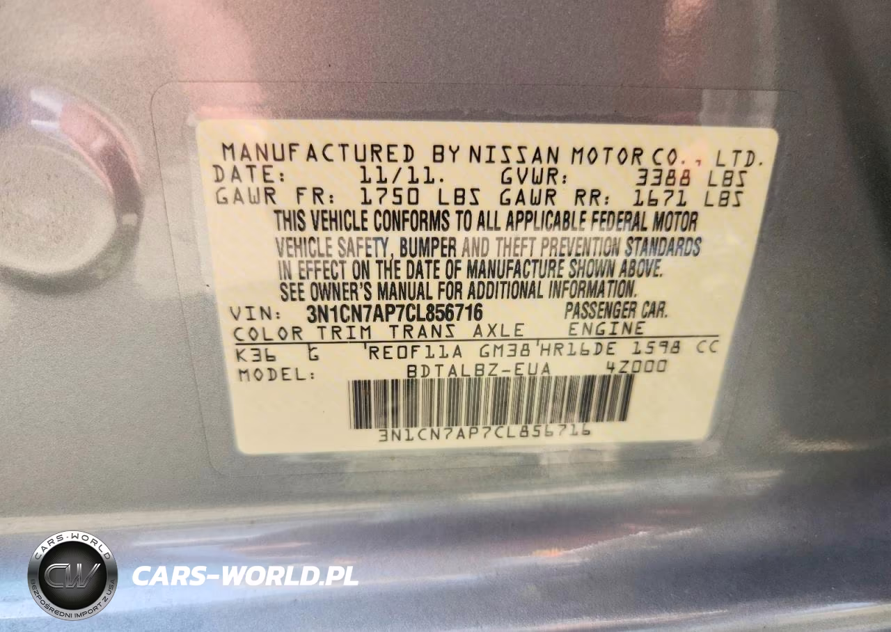 2012 Nissan Versa 1.6 S VIN:3N1CN7AP7CL856716 - 12
