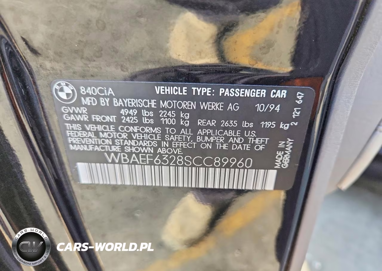 1995 BMW 840 Ci Automatic VIN:WBAEF6328SCC89960 - 12