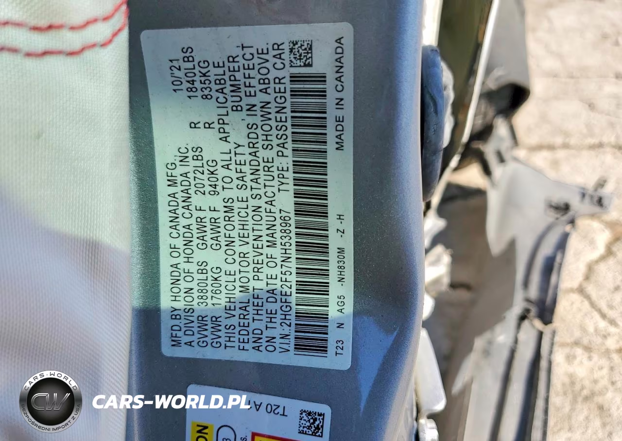 2022 Honda Civic Sport VIN:2HGFE2F57NH538967 - 12