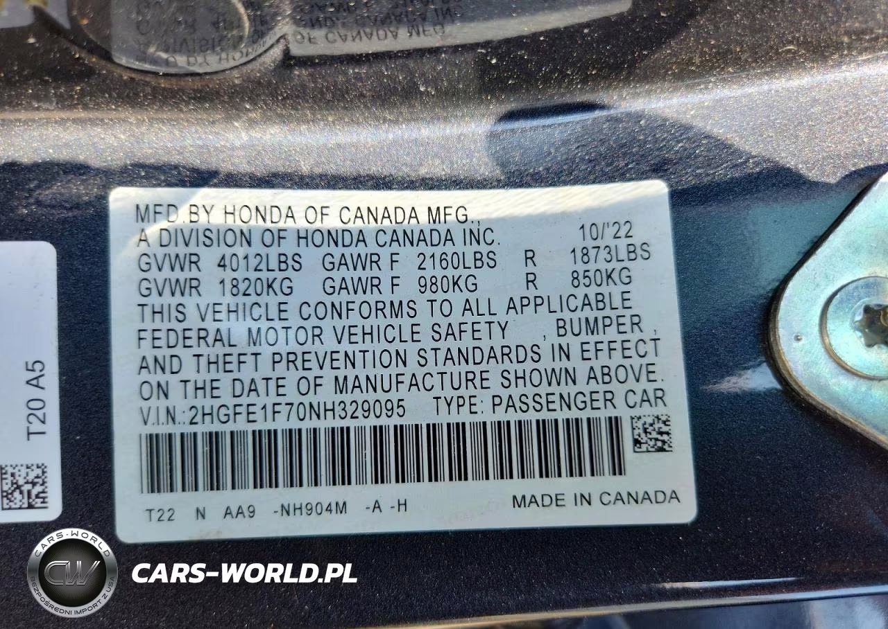 2022 Honda Civic Ex VIN:2HGFE1F70NH329095 - 12