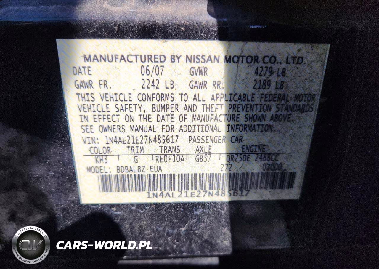 2007 Nissan Altima 2.5 VIN:1N4AL21E27N485617 - 12