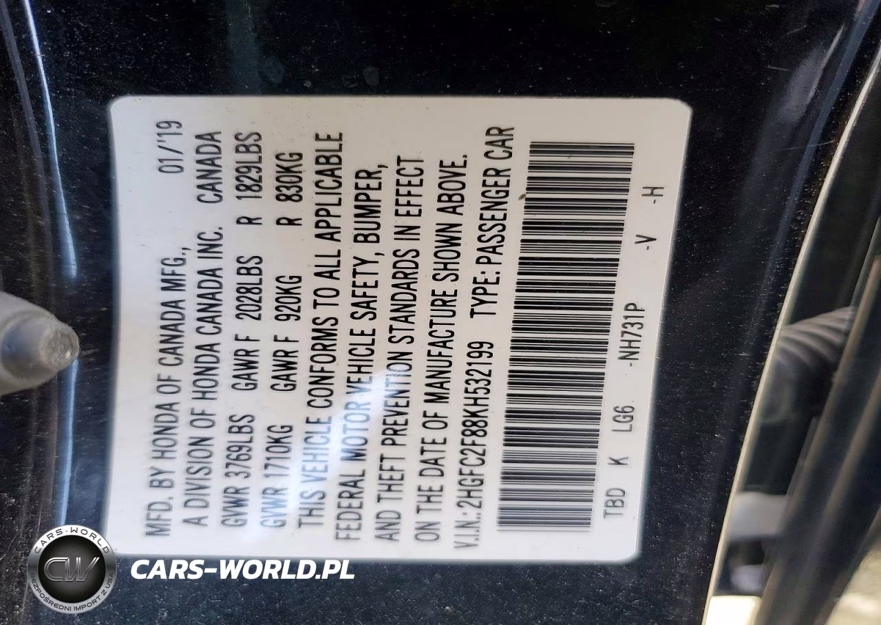 2019 Honda Civic Sport VIN:2HGFC2F88KH532199 - 12
