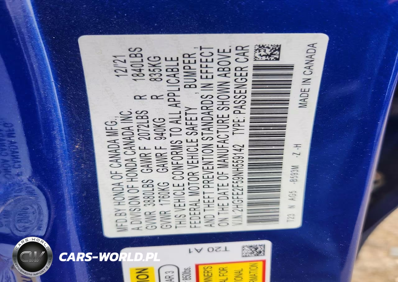 2022 Honda Civic Sport VIN:2HGFE2F59NH559142 - 13