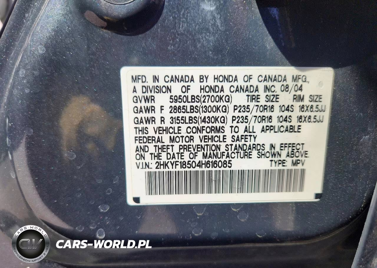 2004 Honda Pilot Exl VIN:2HKYF18504H616085 - 13