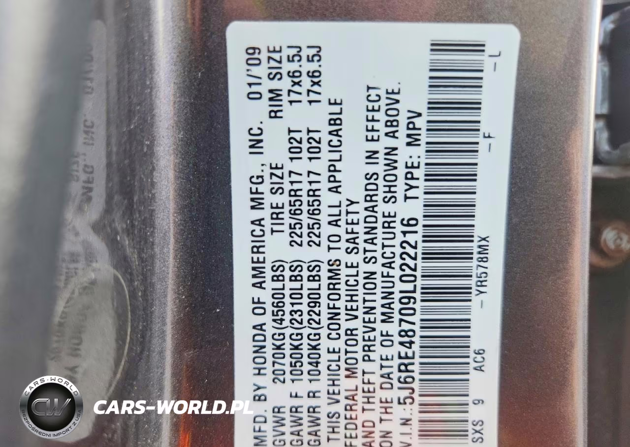 2009 Honda Cr-V Exl VIN:5J6RE48709L022216 - 13