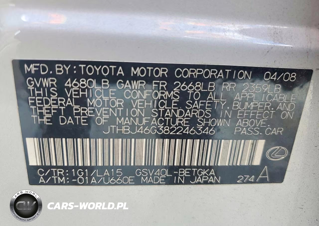 2008 Lexus Es 350 VIN:JTHBJ46G382246346 - 13