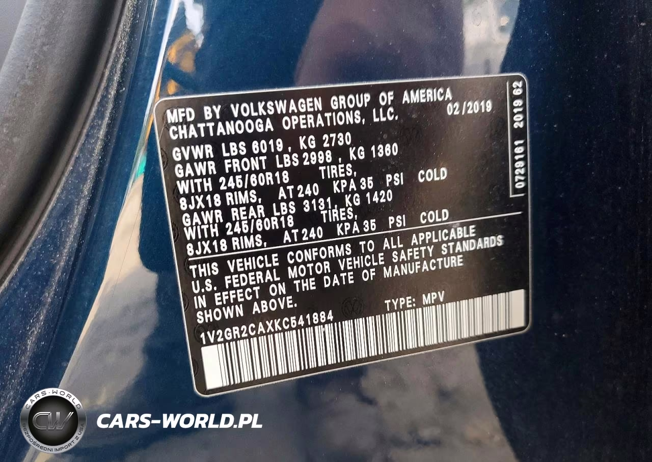 2019 Volkswagen Atlas S VIN:1V2GR2CAXKC541884 - 13