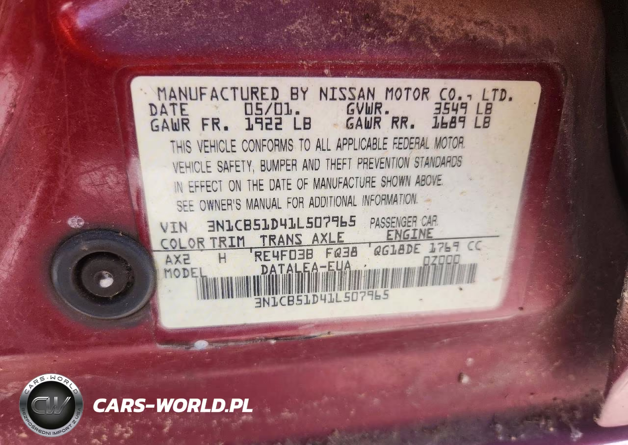2001 Nissan Sentra Xe VIN:3N1CB51D41L507965 - 13
