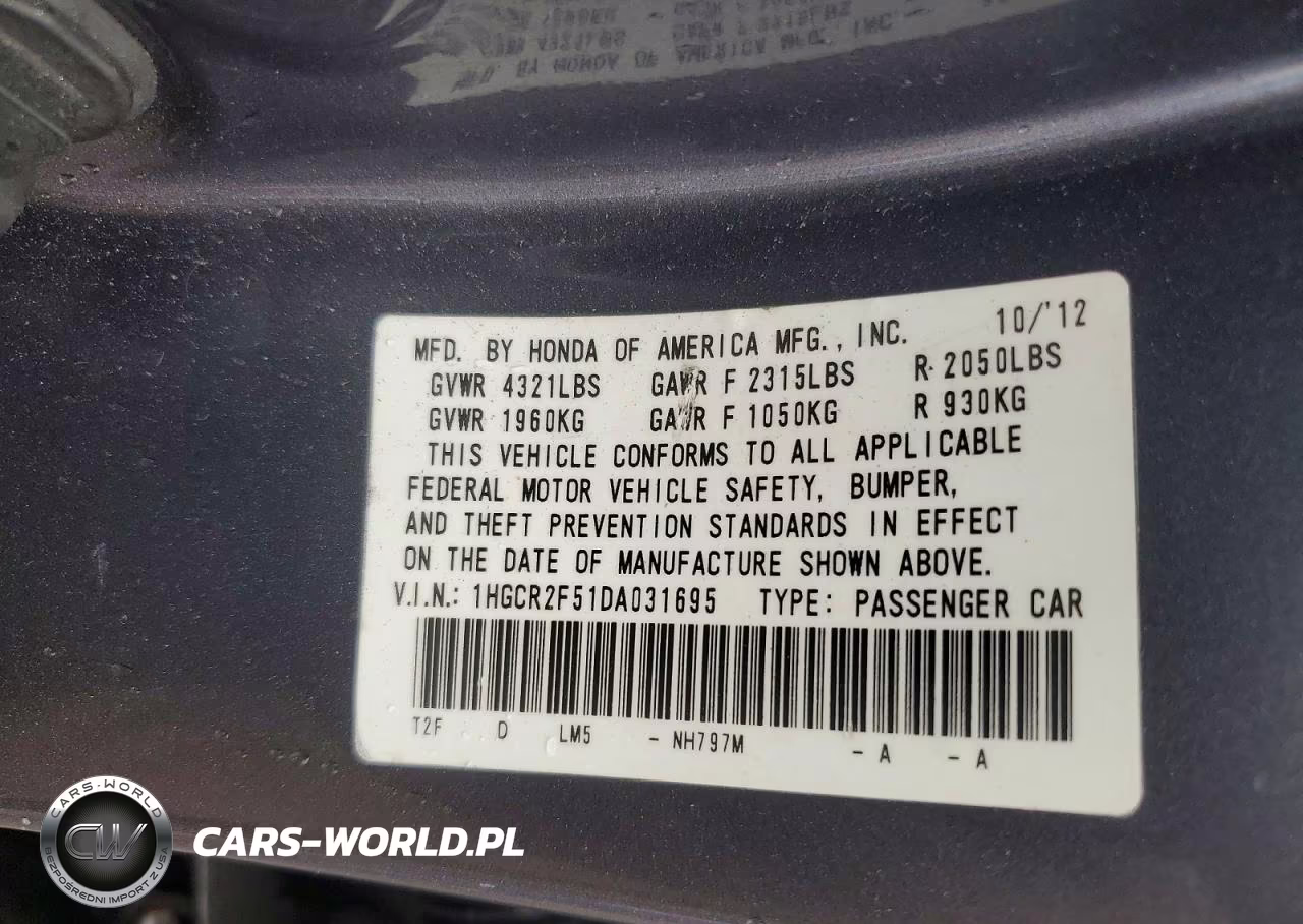 HONDA ACCORD VIN:1HGCR2F51DA031695 - 12