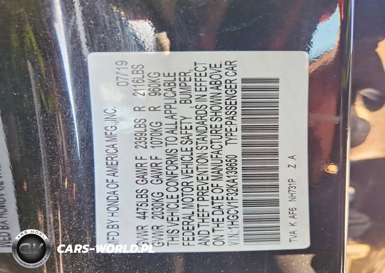 2019 Honda Accord Sport VIN:1HGCV1F32KA139650 - 13