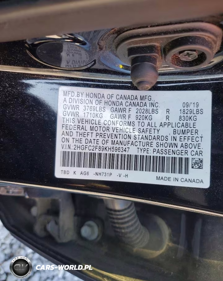 2019 Honda Civic Sport VIN:2HGFC2F89KH596347 - 12