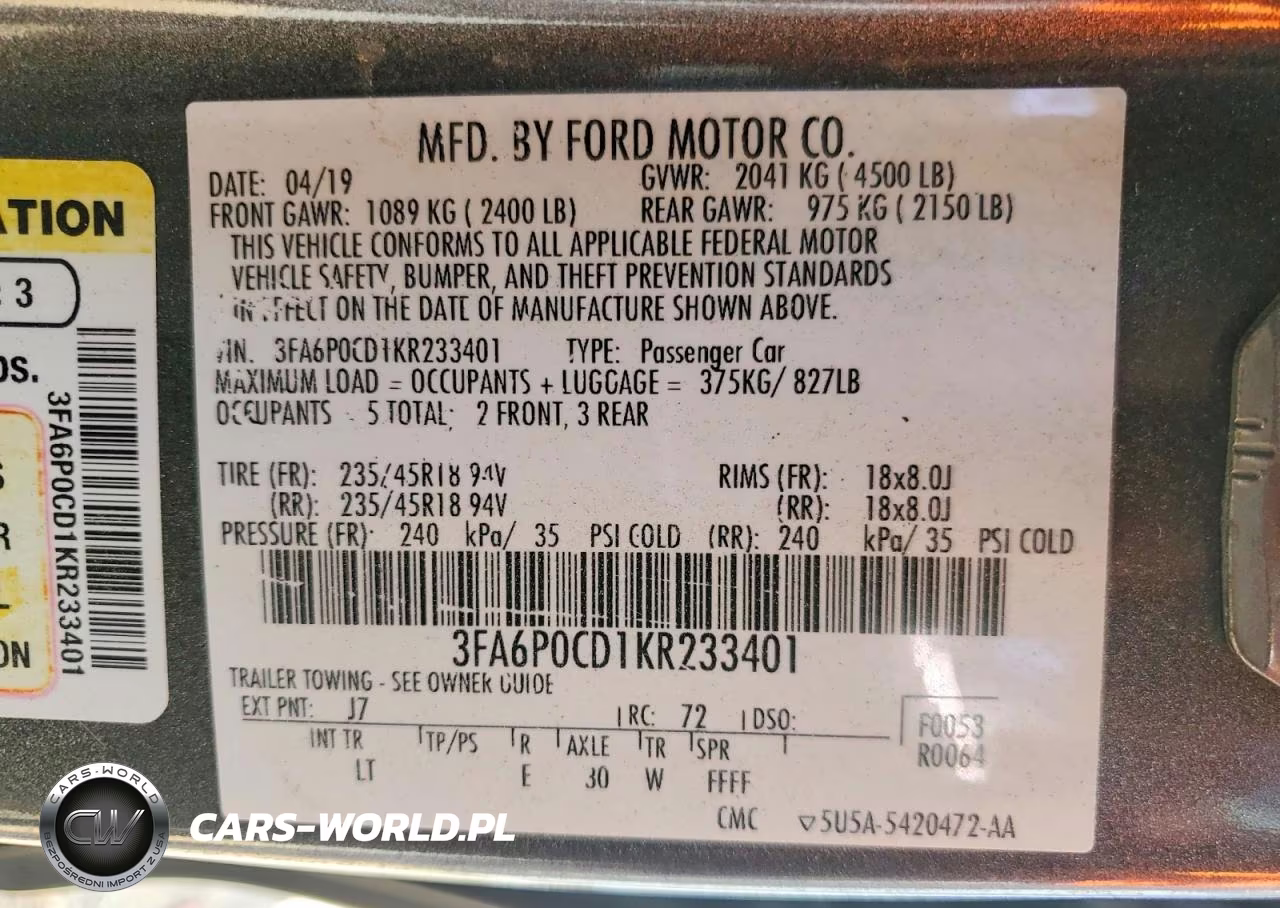 2019 Ford Fusion Sel VIN:3FA6P0CD1KR233401 - 12