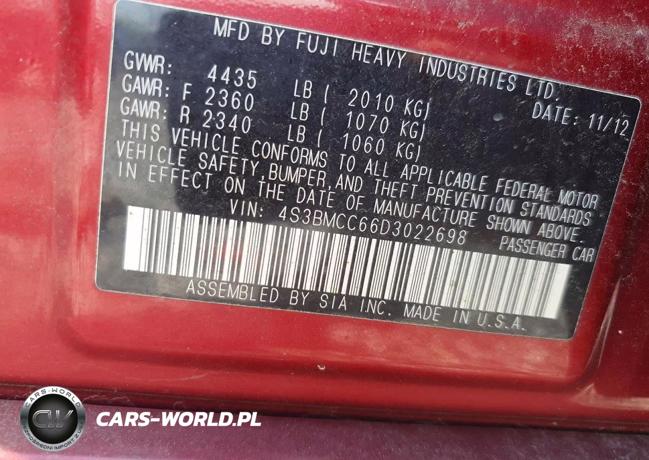 2013 Subaru Legacy 2.5I Premium VIN:4S3BMCC66D3022698 - 12
