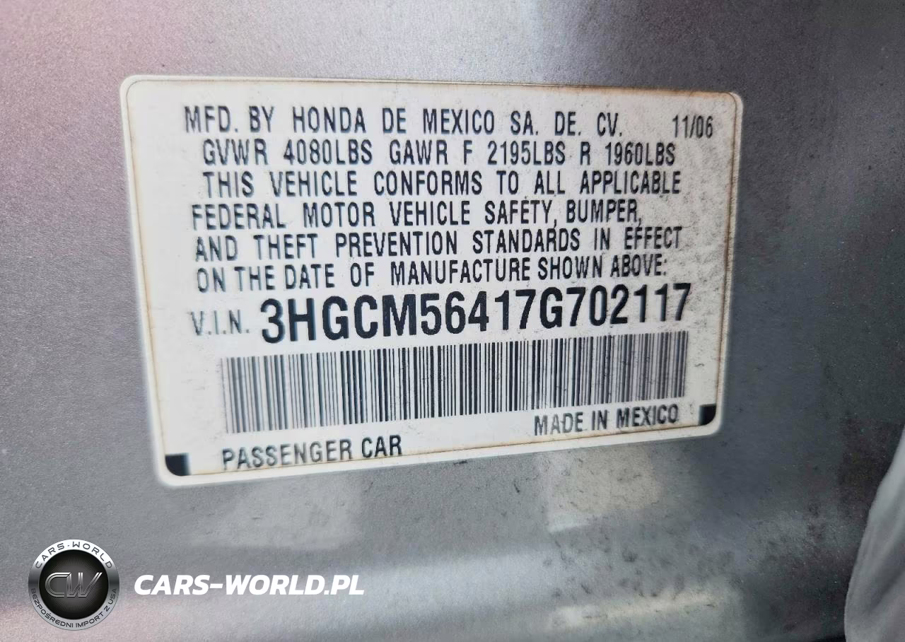 2007 Honda Accord Lx VIN:3HGCM56417G702117 - 12