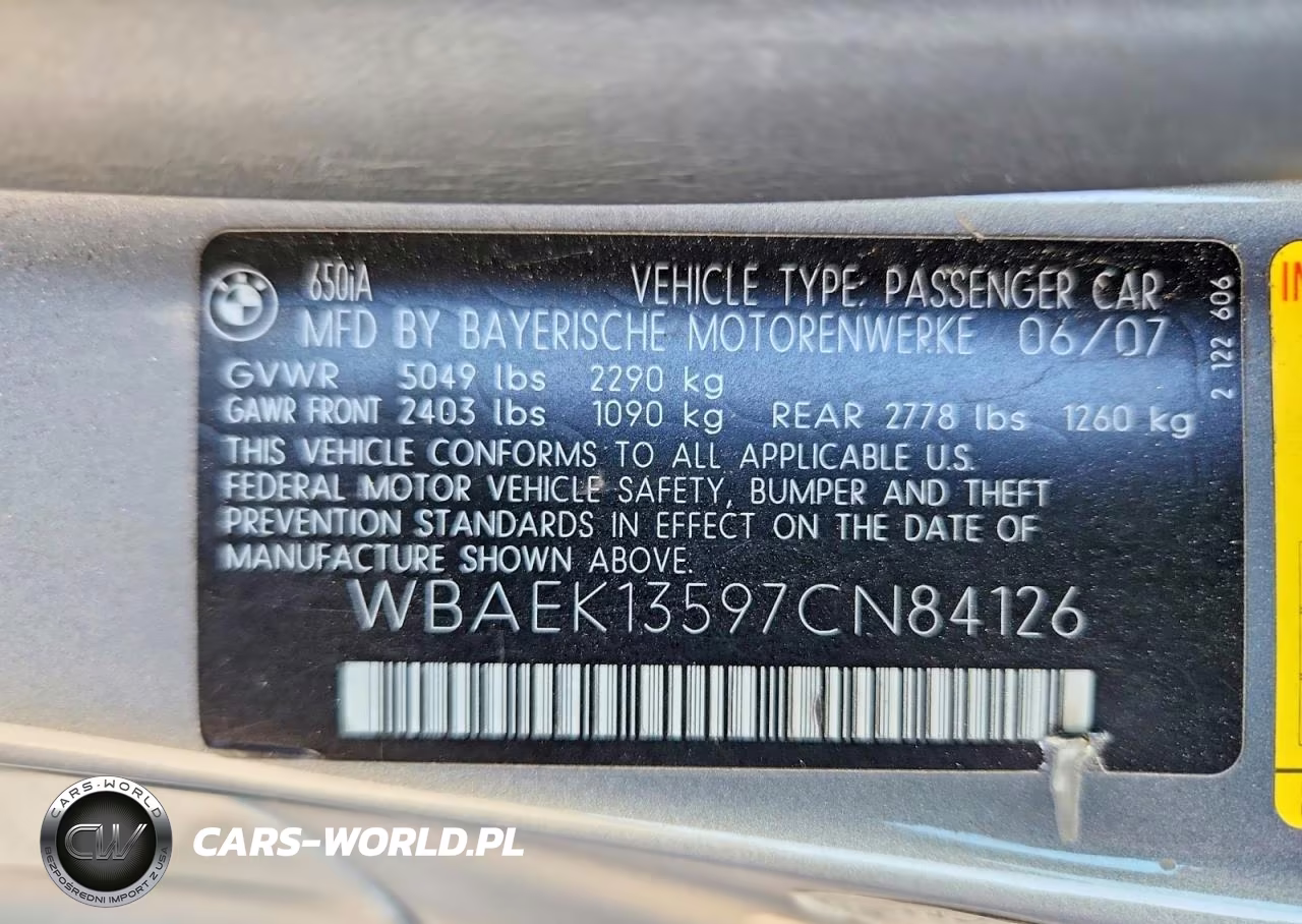 2007 BMW 650 I VIN:WBAEK13597CN84126 - 12