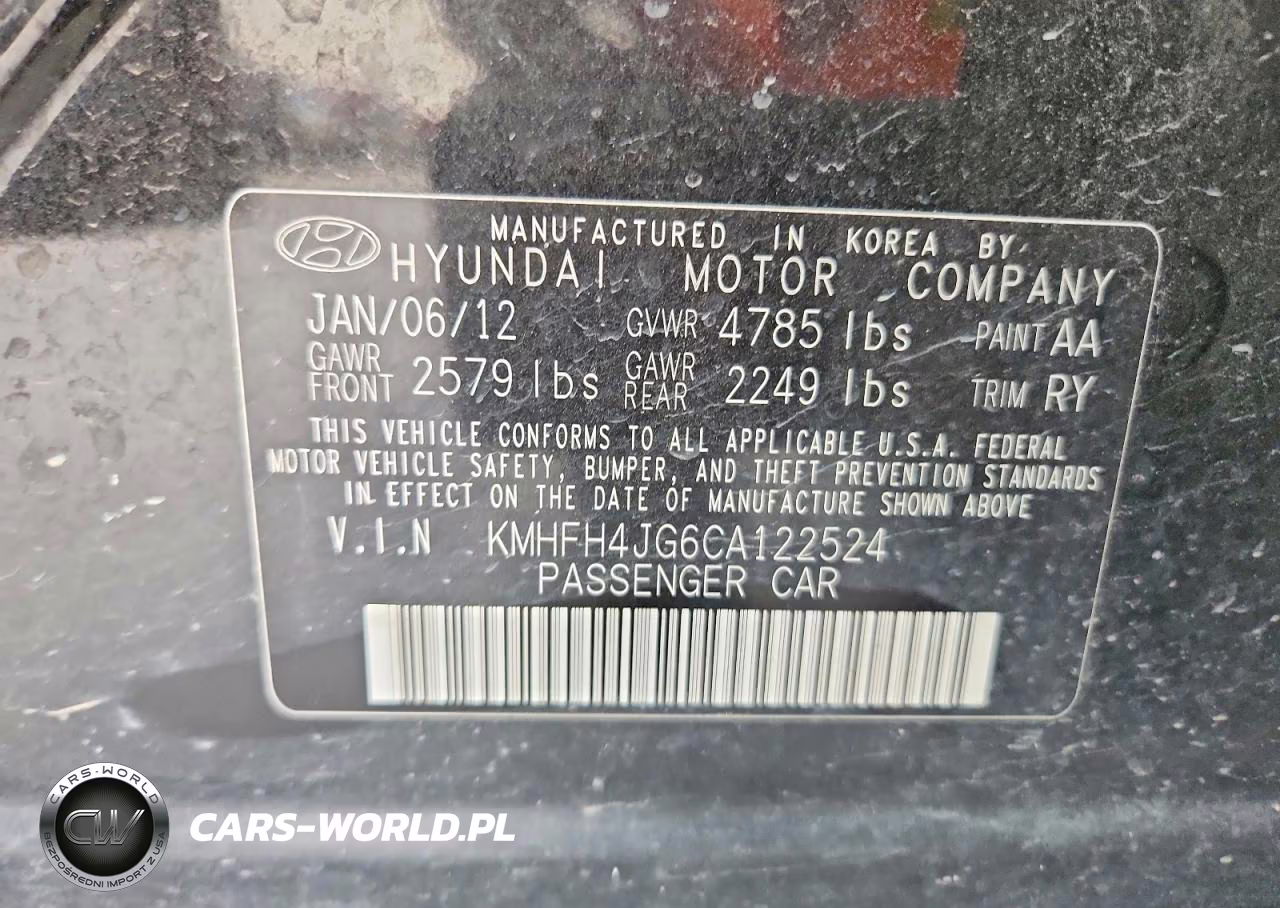 2012 Hyundai Azera Base VIN:KMHFH4JG6CA122524 - 12