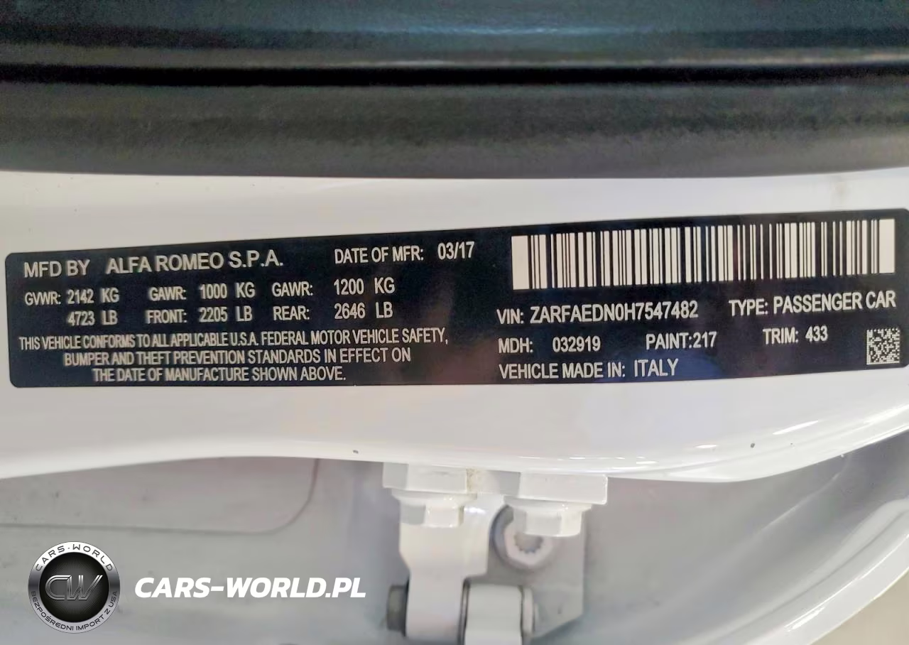 2017 Alfa Romeo Giulia Q4 VIN:ZARFAEDN0H7547482 - 12