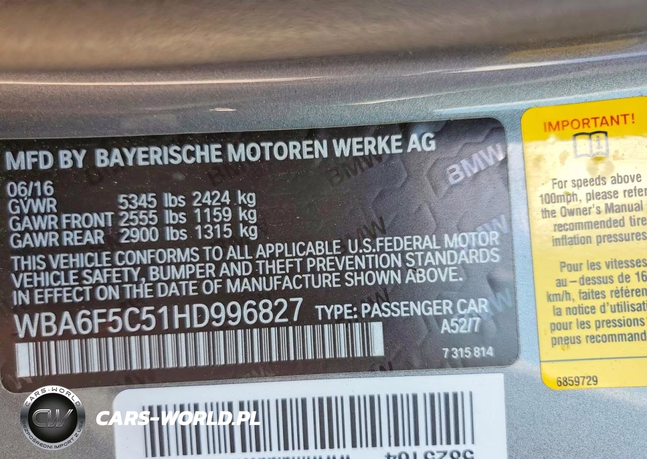 2017 BMW 650 I VIN:WBA6F5C51HD996827 - 12