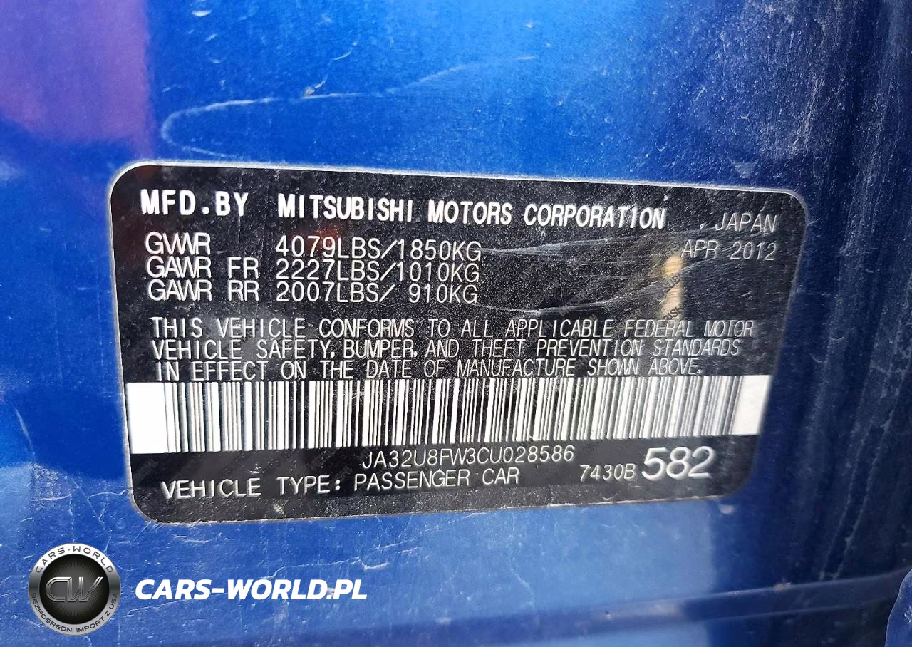 2012 Mitsubishi Lancer Gt VIN:JA32U8FW3CU028586 - 12