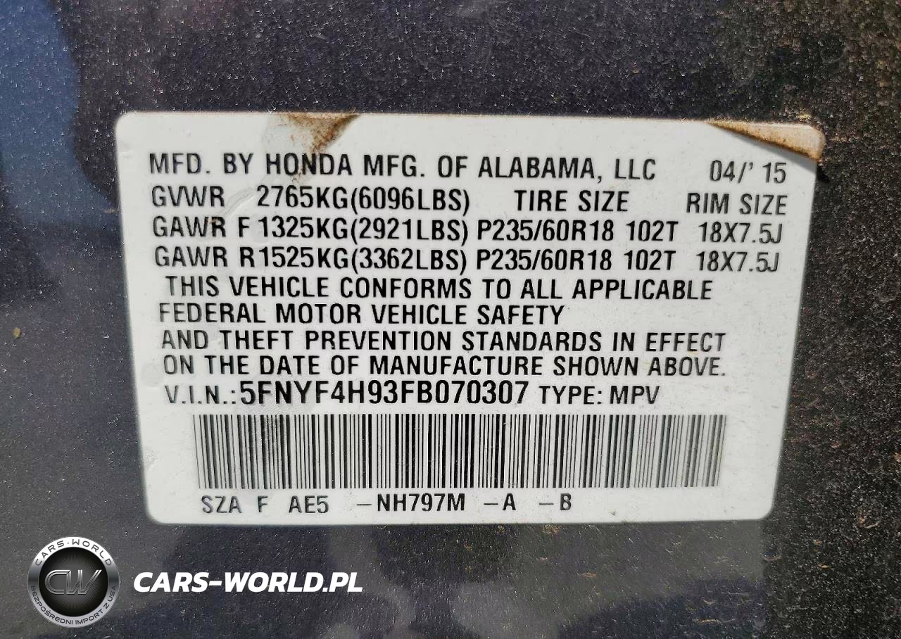 2015 Honda Pilot Touring VIN:5FNYF4H93FB070307 - 13