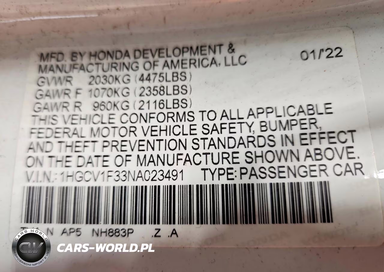 2022 Honda Accord Sport VIN:1HGCV1F33NA023491 - 12