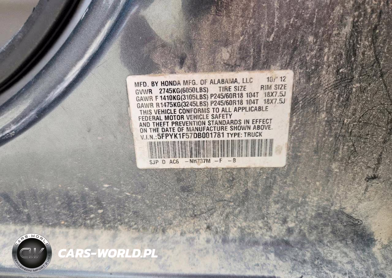 2013 Honda Ridgeline Rtl VIN:5FPYK1F57DB001781 - 12