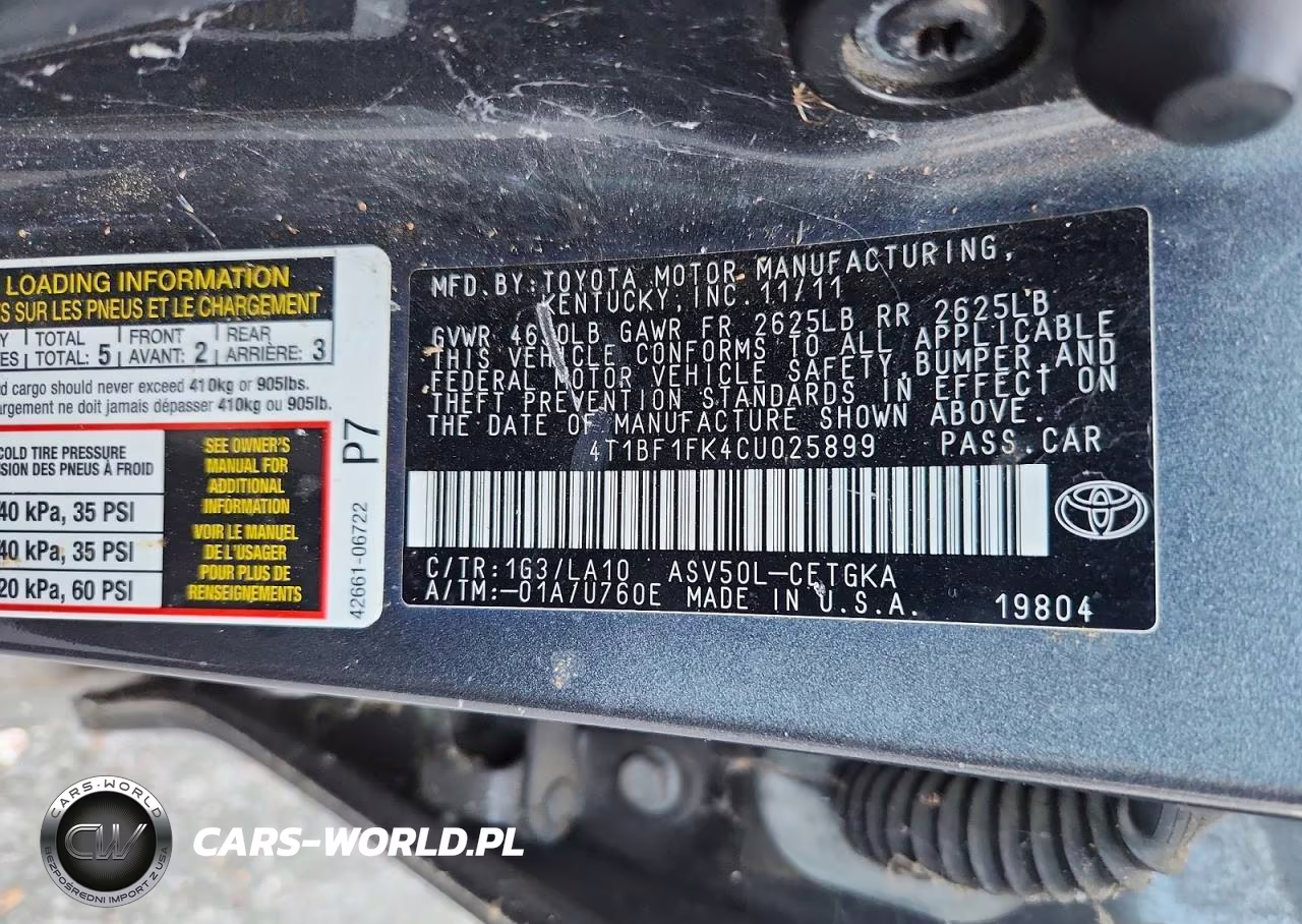 2012 Toyota Camry Xle VIN:4T1BF1FK4CU025899 - 12