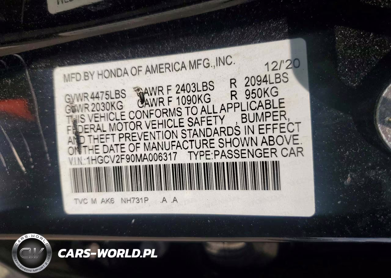 2021 Honda Accord Touring VIN:1HGCV2F90MA006317 - 12