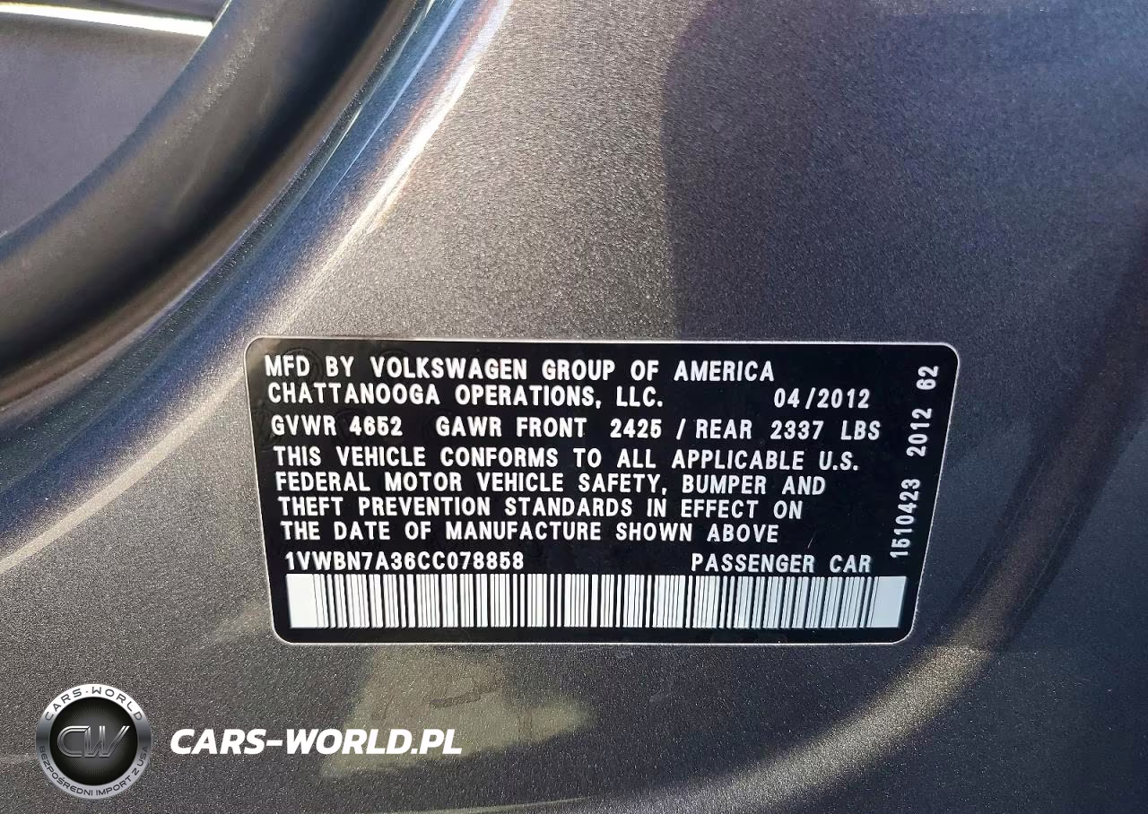 2012 Volkswagen Passat Se VIN:1VWBN7A36CC078858 - 12