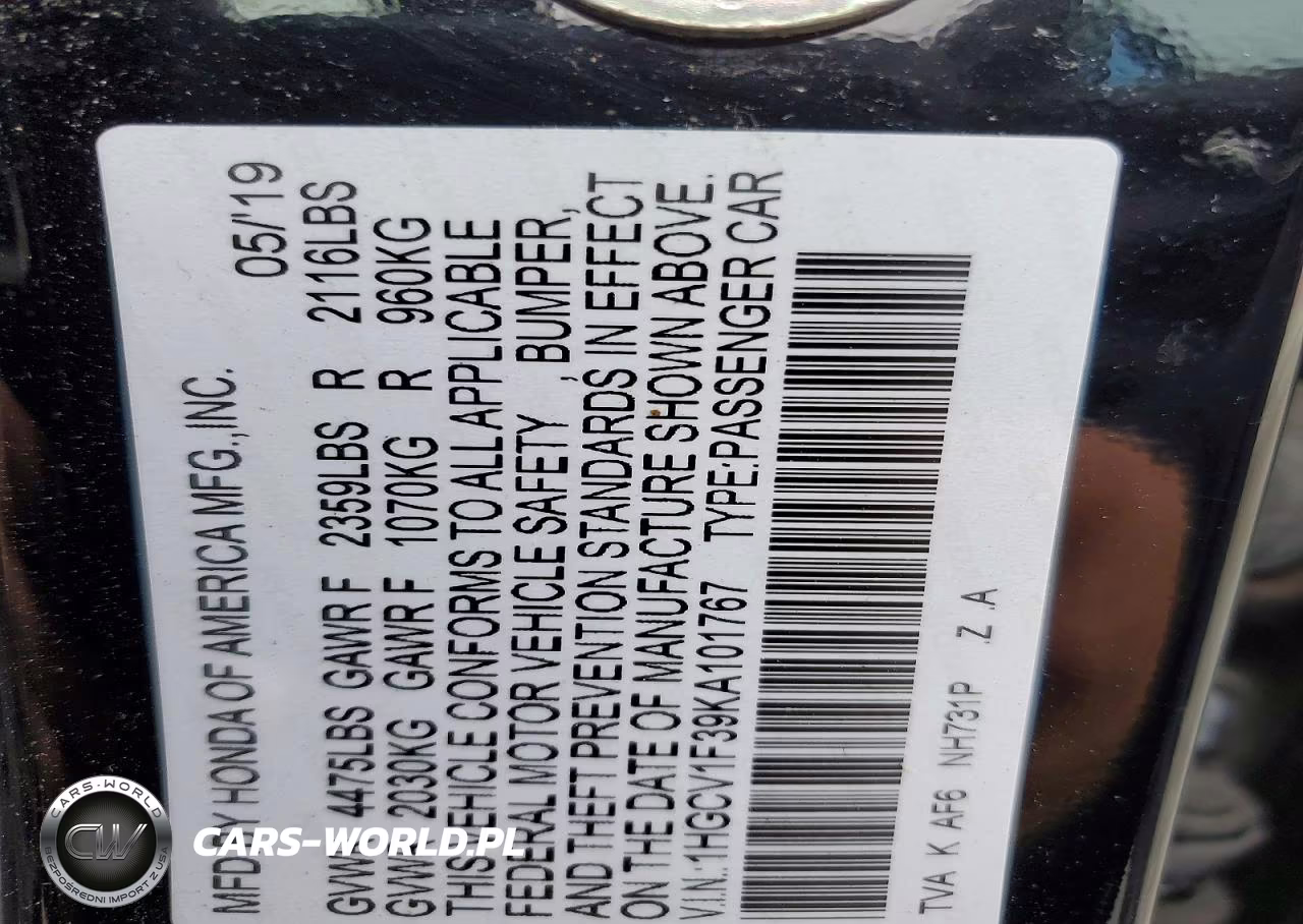 2019 Honda Accord Sport VIN:1HGCV1F39KA101767 - 13
