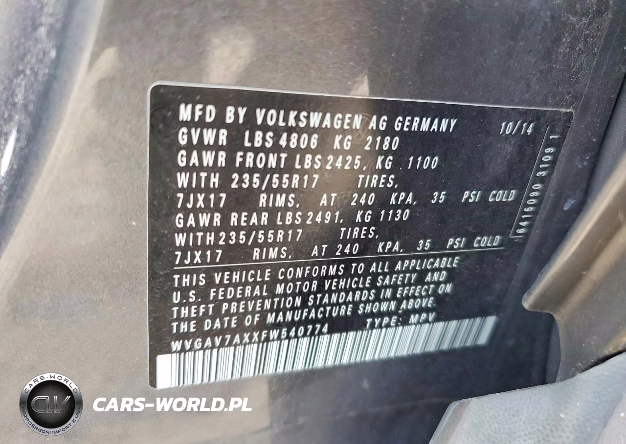 2015 Volkswagen Tiguan S VIN:WVGAV7AXXFW540774 - 14