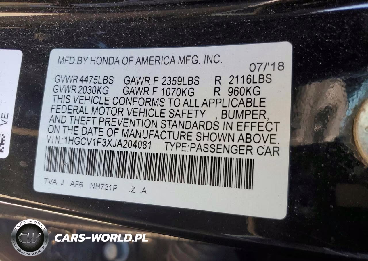 2018 Honda Accord Sport VIN:1HGCV1F3XJA204081 - 12