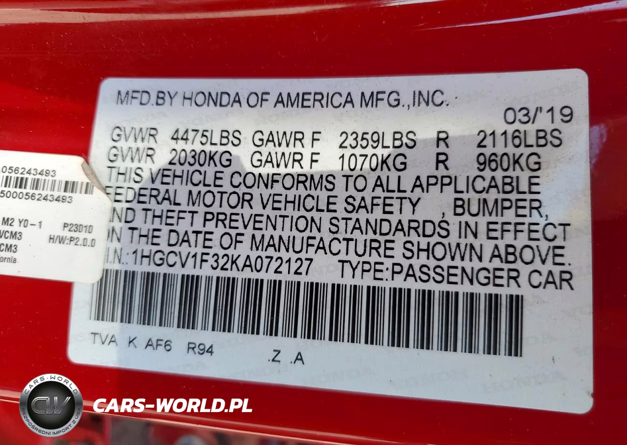 2019 Honda Accord Sport VIN:1HGCV1F32KA072127 - 12