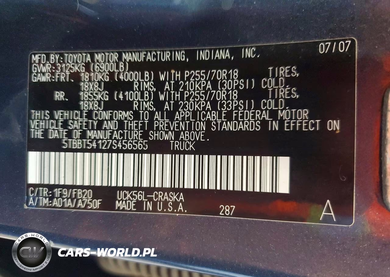 2007 Toyota Tundra Sr5 VIN:5TBBT54127S456565 - 12