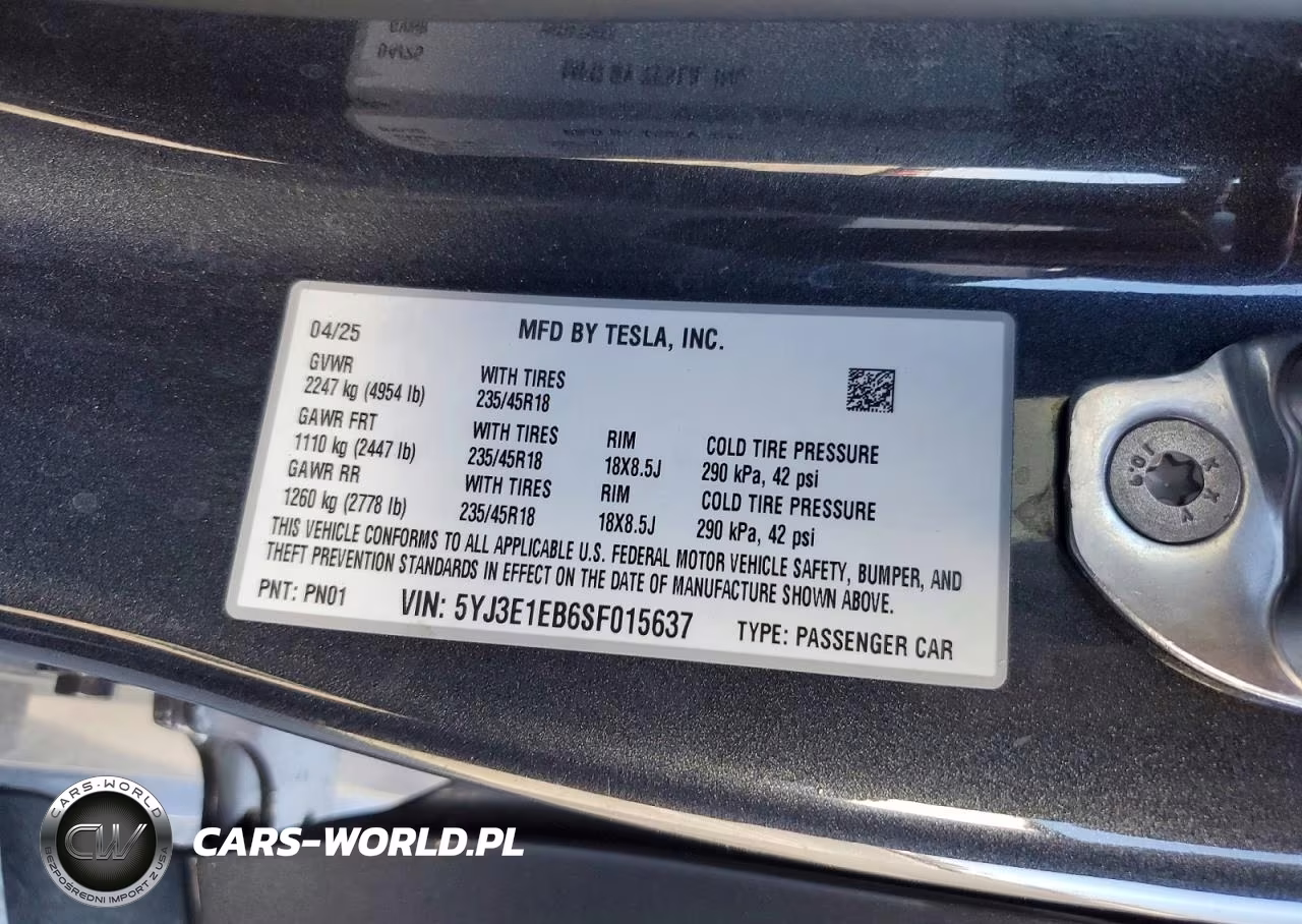 2025 Tesla Model 3 VIN:5YJ3E1EB6SF015637 - 12