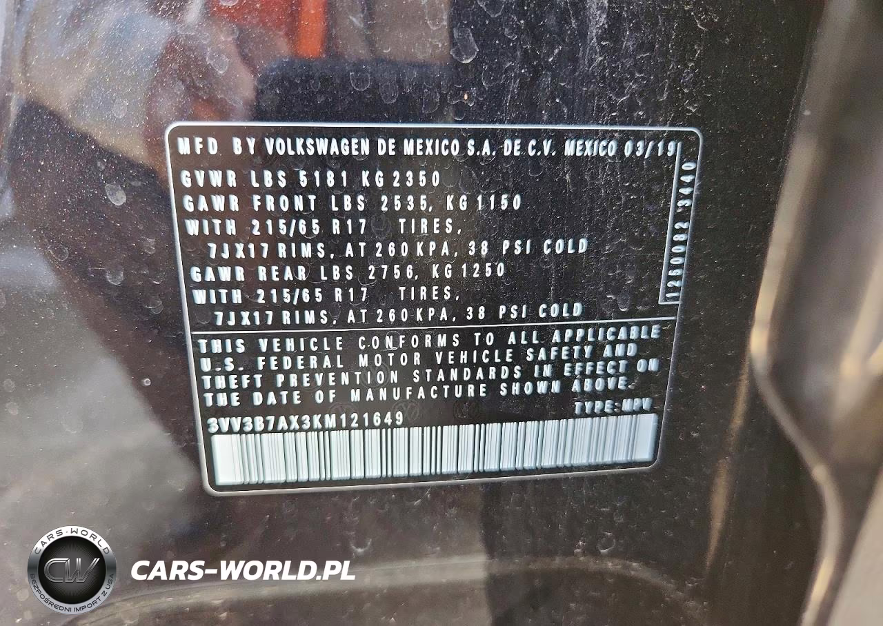 2019 Volkswagen Tiguan Se VIN:3VV3B7AX3KM121649 - 13