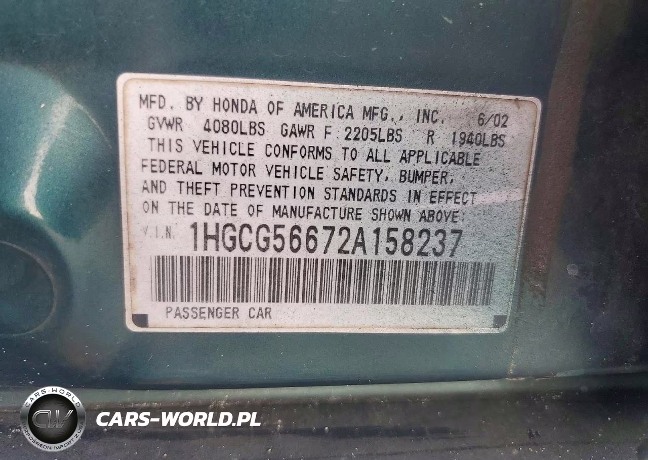 2002 Honda Accord Ex VIN:1HGCG56672A158237 - 13