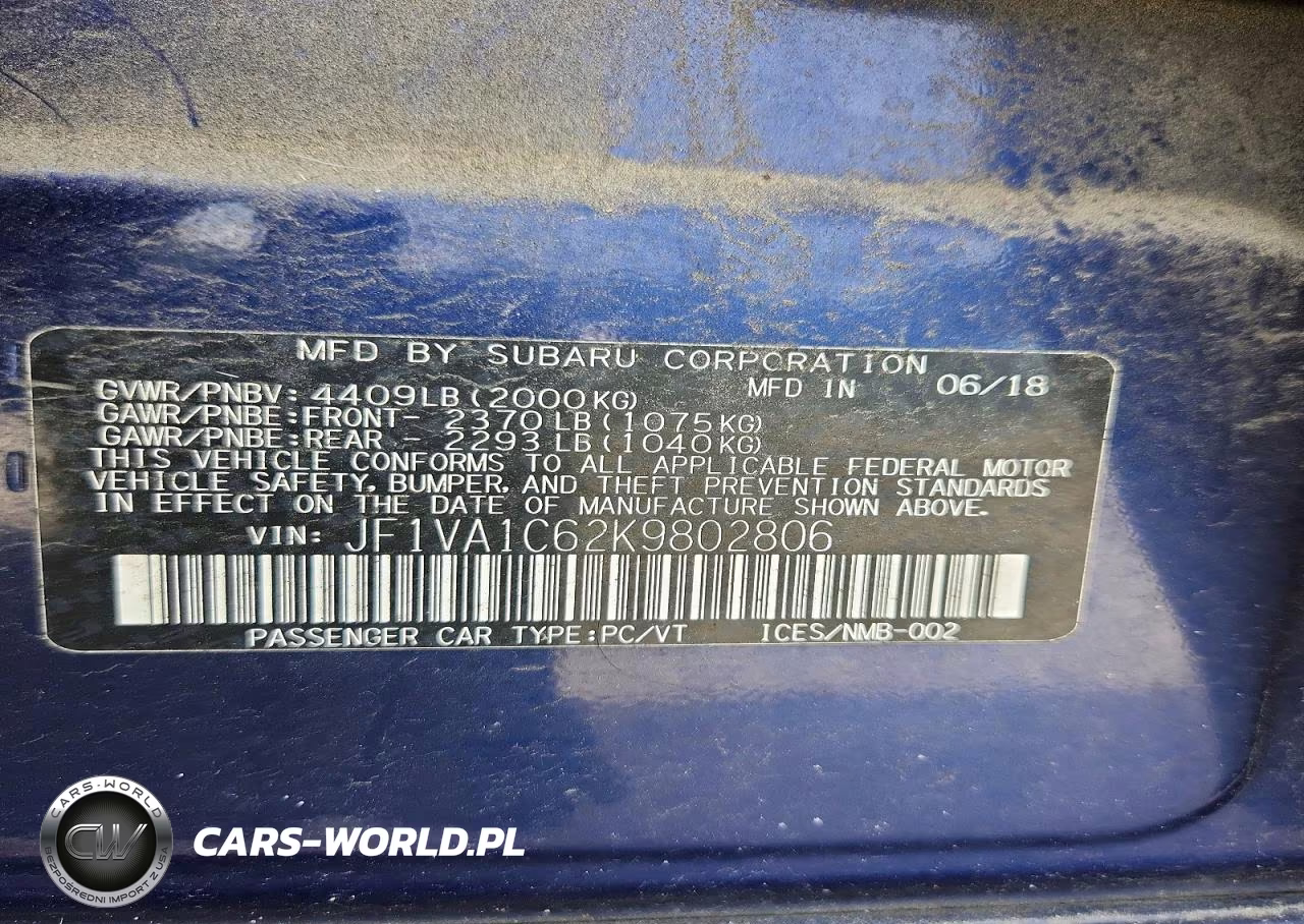 2019 Subaru Wrx Premium VIN:JF1VA1C62K9802806 - 12