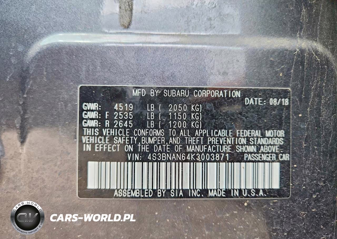 2019 Subaru Legacy 2.5I Limited VIN:4S3BNAN64K3003871 - 12