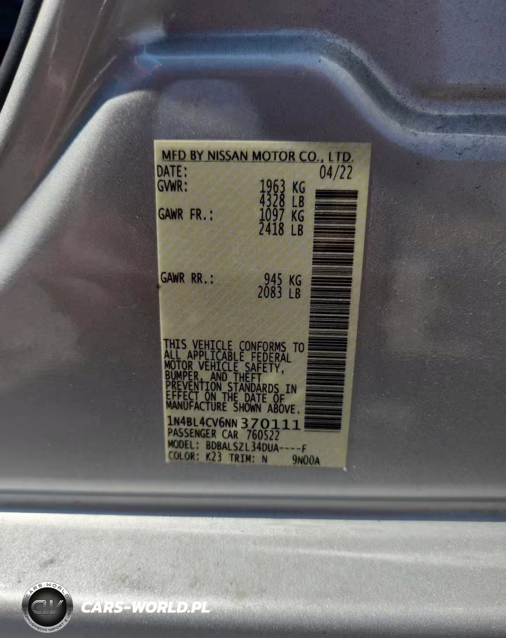 2022 Nissan Altima Sr VIN:1N4BL4CV6NN370111 - 12