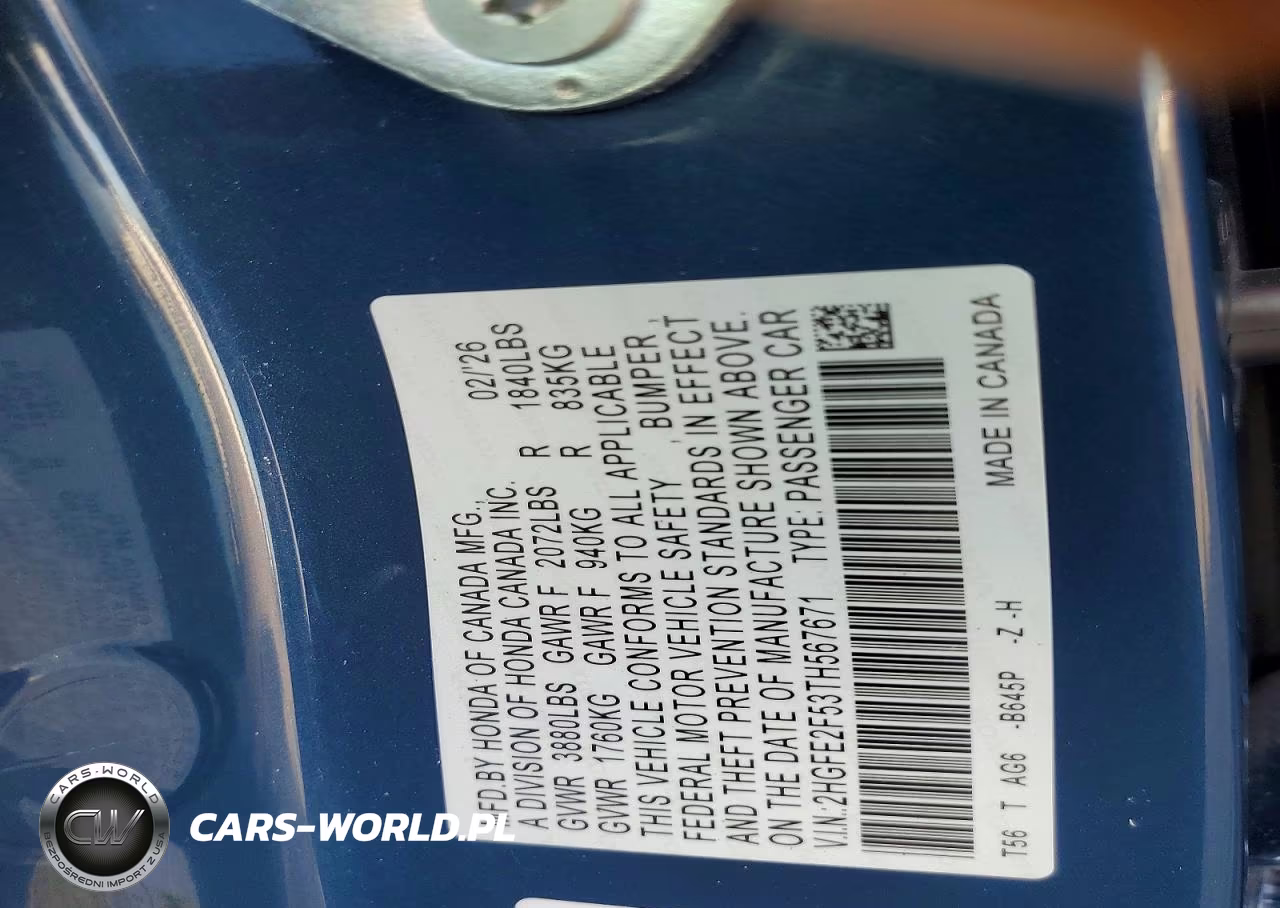 2026 Honda Civic VIN:2HGFE2F53TH567671 - 12