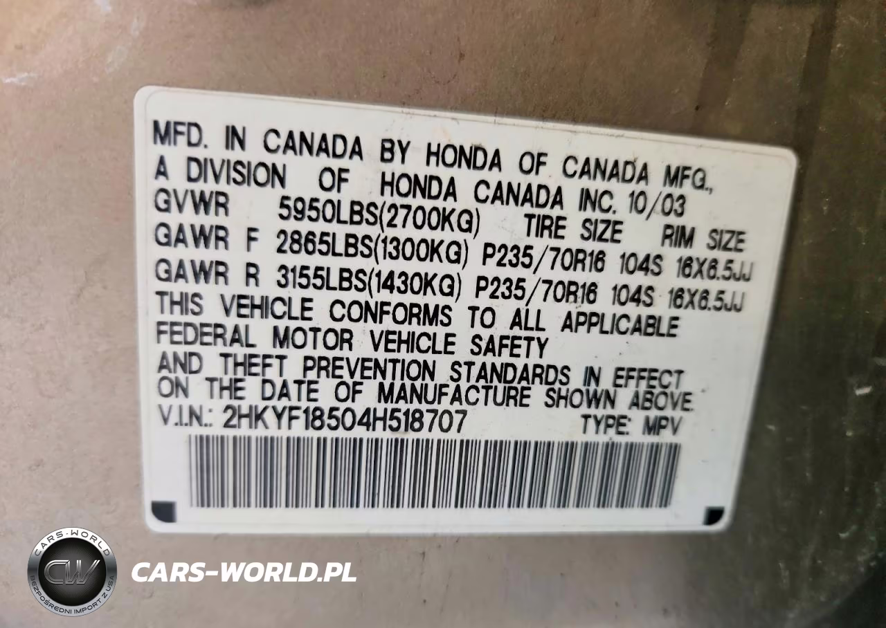 2004 Honda Pilot Exl VIN:2HKYF18504H518707 - 13