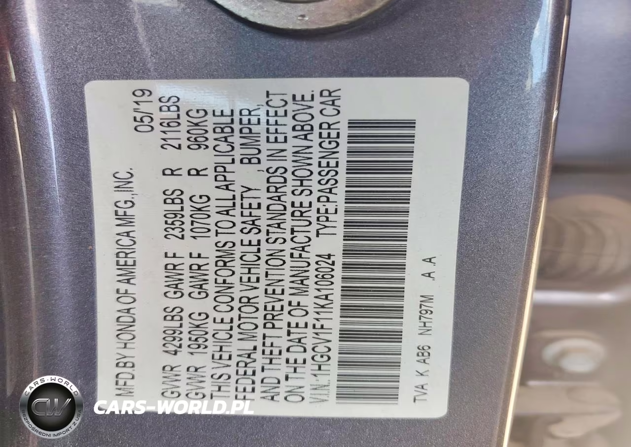 2019 Honda Accord Lx VIN:1HGCV1F11KA106024 - 12