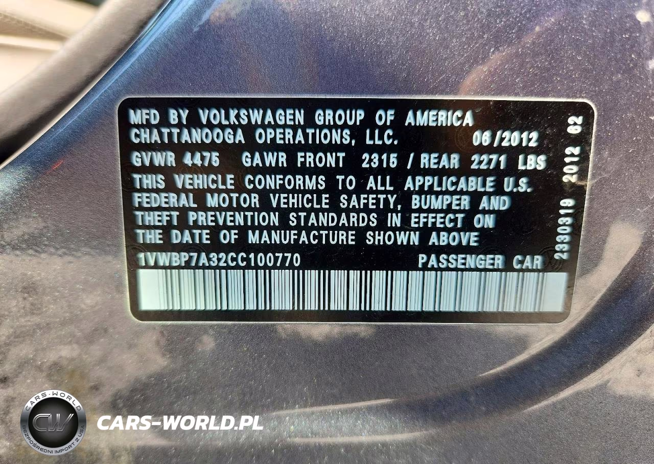 2012 Volkswagen Passat Se VIN:1VWBP7A32CC100770 - 12