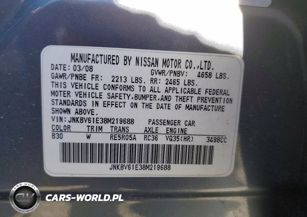 2008 Infiniti G35 Base VIN:JNKBV61E38M219688 - 12