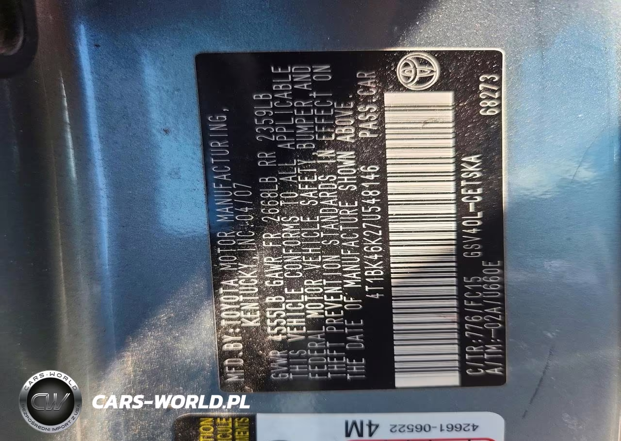 2007 Toyota Camry Se V6 VIN:4T1BK46K27U548146 - 12