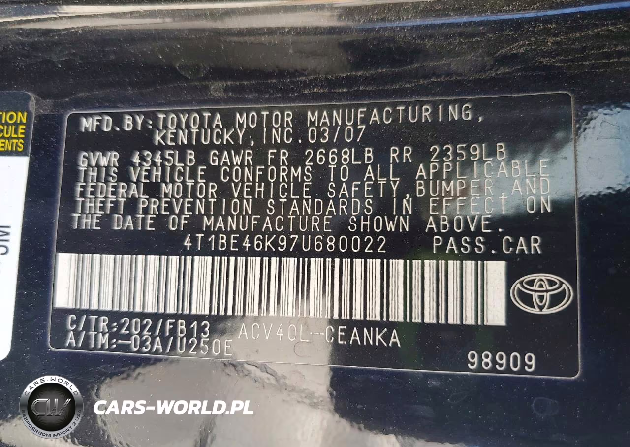 2007 Toyota Camry Ce VIN:4T1BE46K97U680022 - 12